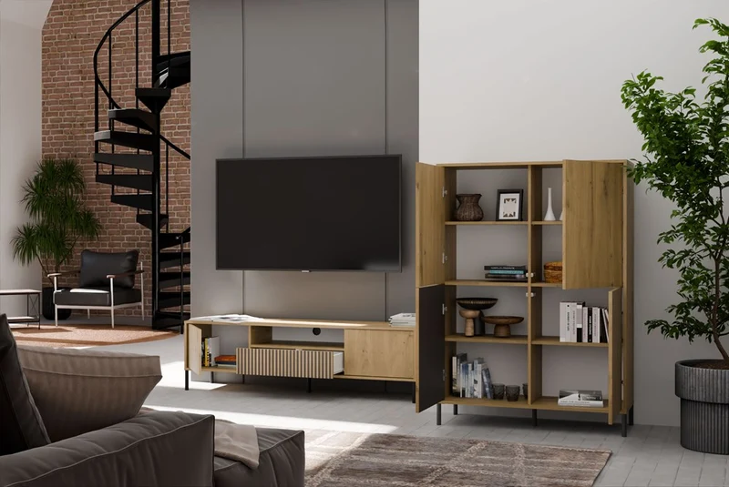 CDF Moderne Kabinett KAMARO 4DK | Farbe: Eiche Artisan - Schwarz | Ideal für Wohnzimmer, Schlafzimmer, Kinderzimmer und Büro | Einfache Montage