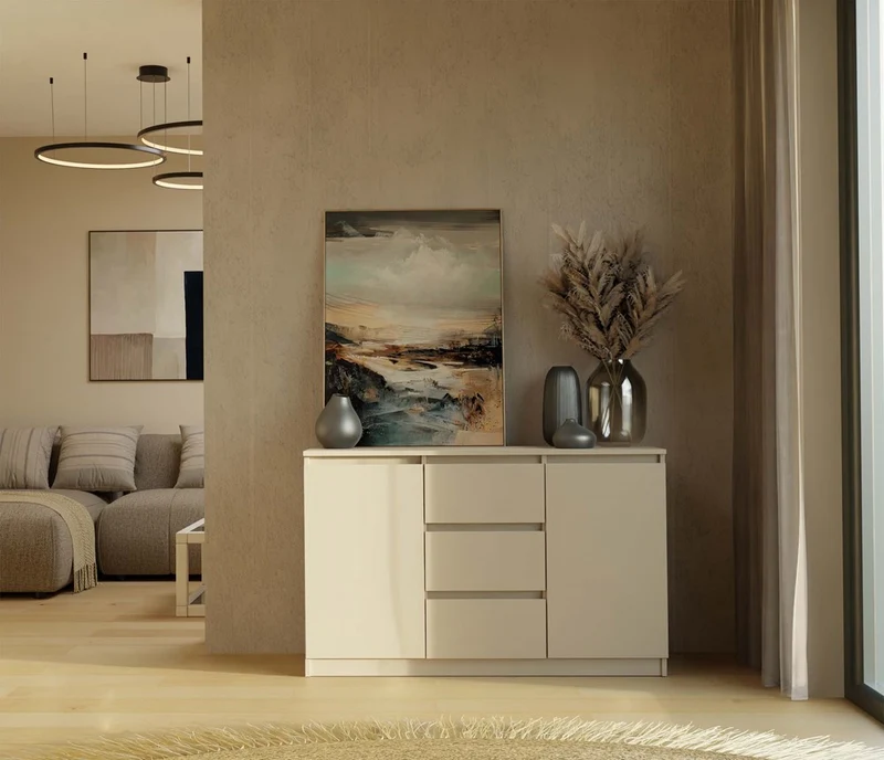 KOMMODE 2D3S 120 CM KASCHMIR BEIGE SCHRANK 2 TÜREN 3 SCHUBLADEN FÜR WOHNZIMMER SCHLAFZIMMER
