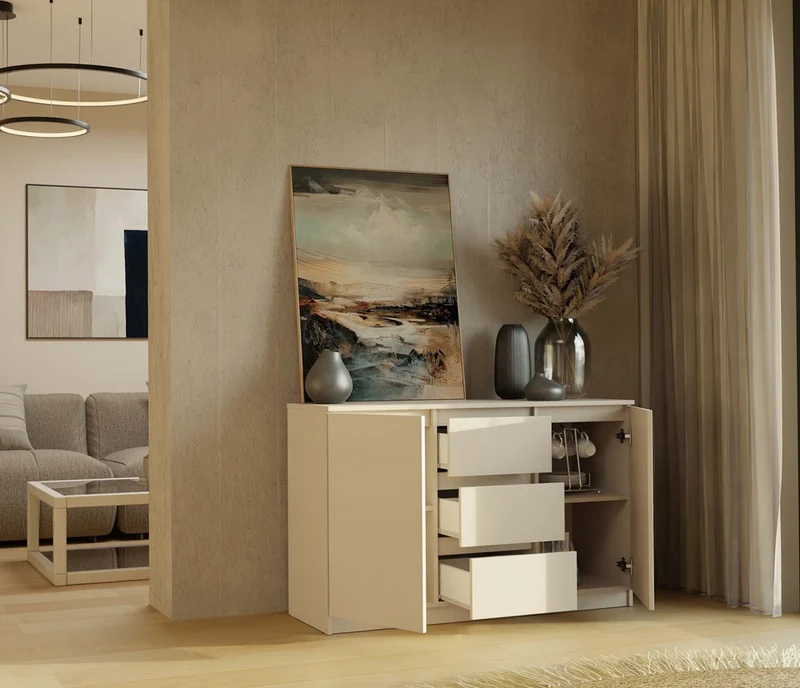 KOMMODE 2D3S 120 CM KASCHMIR BEIGE SCHRANK 2 TÜREN 3 SCHUBLADEN FÜR WOHNZIMMER SCHLAFZIMMER
