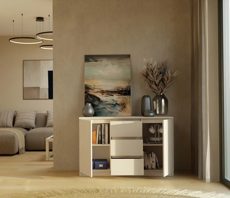 KOMMODE 2D3S 120 CM KASCHMIR BEIGE SCHRANK 2 TÜREN 3 SCHUBLADEN FÜR WOHNZIMMER SCHLAFZIMMER