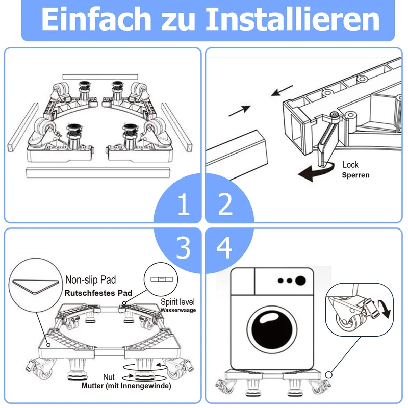 SWANEW Waschmaschinen Untergestell, 41-65cm 8 Füße und 4 Räder, Verstellbare Waschmaschine Sockel, Podeste & Rahmen für Gefrierschrank