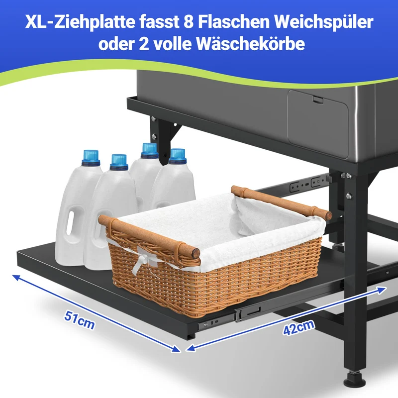 SWANEW Waschmaschinen Untergestell mit Ausziehbarem Regal, 3 höhenverstellbar Waschmaschinen Sockel, 150kg Tragfähigkeit Podest für Trockner, Kühlschrank