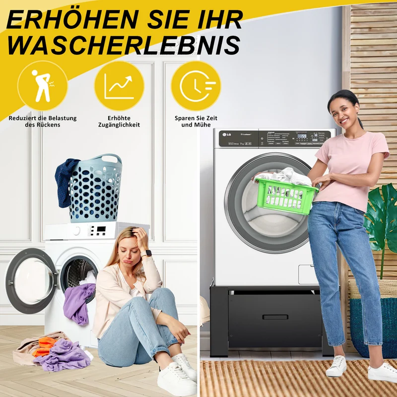 SWANEW Waschmaschinen Untergestell mit Schublade – Verstellbares Podest für Waschmaschine, Trockner & Gefrierschrank, robuster Rahmen mit Stauraum und rutschfester Basis für komfortable Wäschepflege