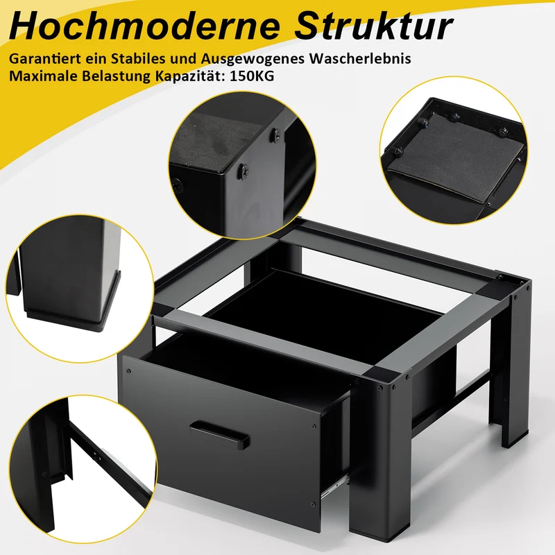 SWANEW Waschmaschinen Untergestell mit Schublade – Verstellbares Podest für Waschmaschine, Trockner & Gefrierschrank, robuster Rahmen mit Stauraum und rutschfester Basis für komfortable Wäschepflege