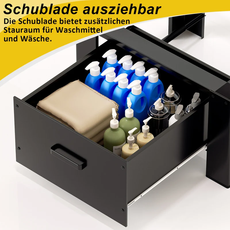 SWANEW Waschmaschinen Untergestell mit Schublade – Verstellbares Podest für Waschmaschine, Trockner & Gefrierschrank, robuster Rahmen mit Stauraum und rutschfester Basis für komfortable Wäschepflege