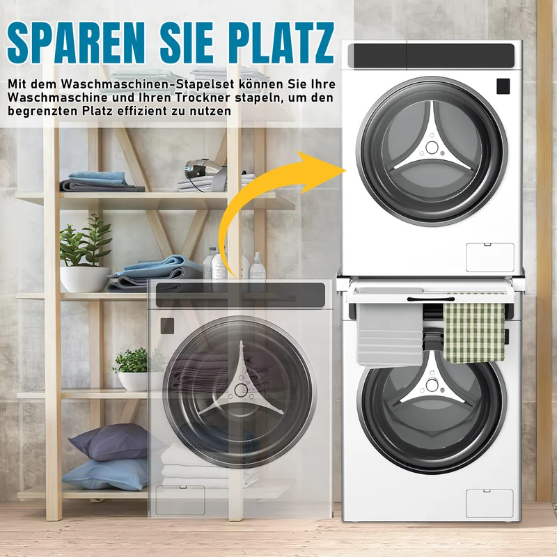 SWANEW Zwischenbaurahmen mit Ausziehplatte, Universell Verbindungsrahmen für Waschmaschine und Trockner, Stapelset mit Handtuchhalter