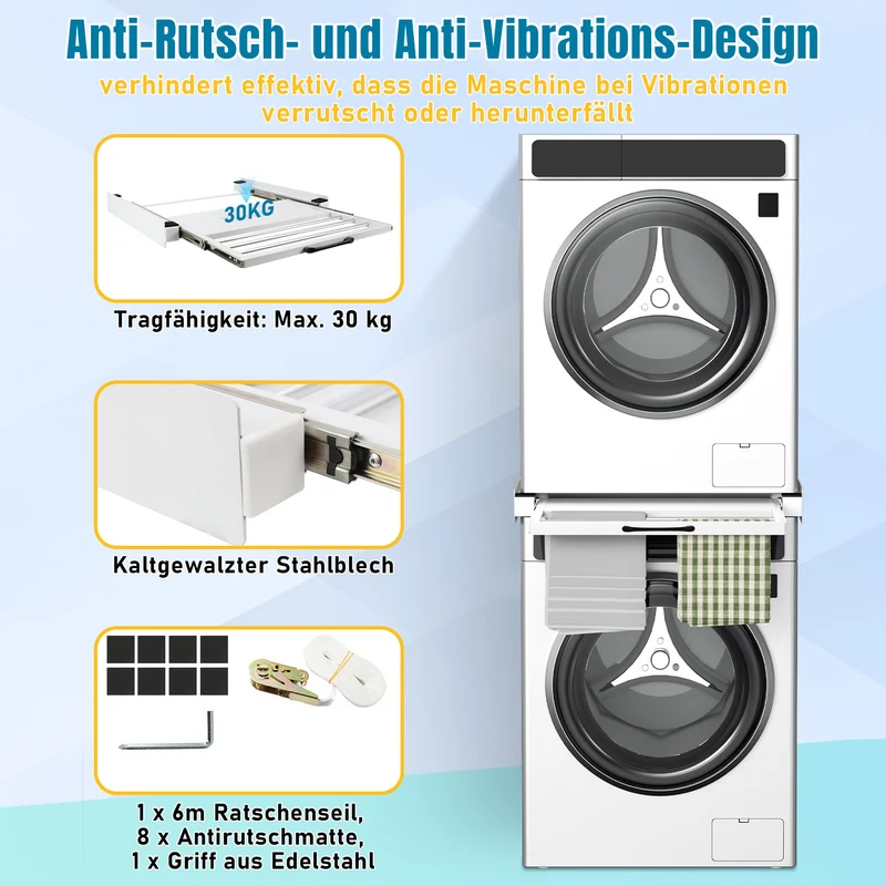 SWANEW Zwischenbaurahmen mit Ausziehplatte, Universell Verbindungsrahmen für Waschmaschine und Trockner, Stapelset mit Handtuchhalter