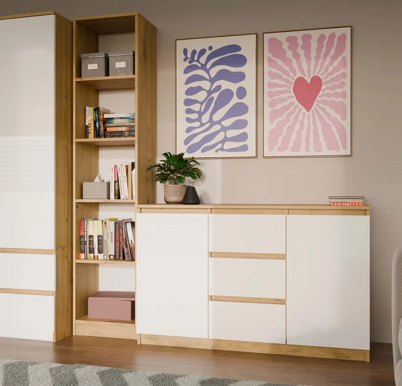Moderne Kommode 2D3S (2 Türen, 3 Schubladen) | Farbe: Eiche Artisan/Weiß | Aktenschrank, für kleine Gegenstände |Einlegeböden