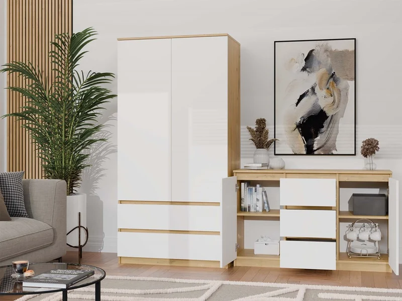 Moderne Kommode 2D3S (2 Türen, 3 Schubladen) | Farbe: Eiche Artisan/Weiß | Aktenschrank, für kleine Gegenstände |Einlegeböden