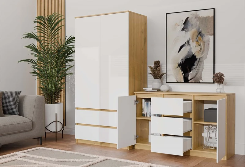Moderne Kommode 2D3S (2 Türen, 3 Schubladen) | Farbe: Eiche Artisan/Weiß | Aktenschrank, für kleine Gegenstände |Einlegeböden
