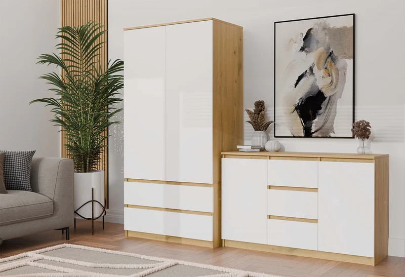Moderne Kommode 2D3S (2 Türen, 3 Schubladen) | Farbe: Eiche Artisan/Weiß | Aktenschrank, für kleine Gegenstände |Einlegeböden