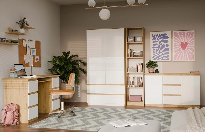 Moderne Kommode 2D3S (2 Türen, 3 Schubladen) | Farbe: Eiche Artisan/Weiß | Aktenschrank, für kleine Gegenstände |Einlegeböden