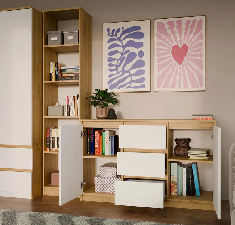Moderne Kommode 2D3S (2 Türen, 3 Schubladen) | Farbe: Eiche Artisan/Weiß | Aktenschrank, für kleine Gegenstände |Einlegeböden
