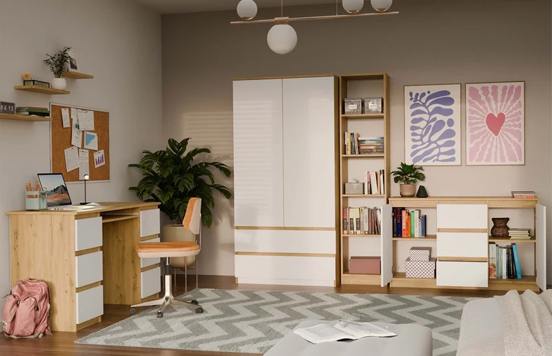 Moderne Kommode 2D3S (2 Türen, 3 Schubladen) | Farbe: Eiche Artisan/Weiß | Aktenschrank, für kleine Gegenstände |Einlegeböden