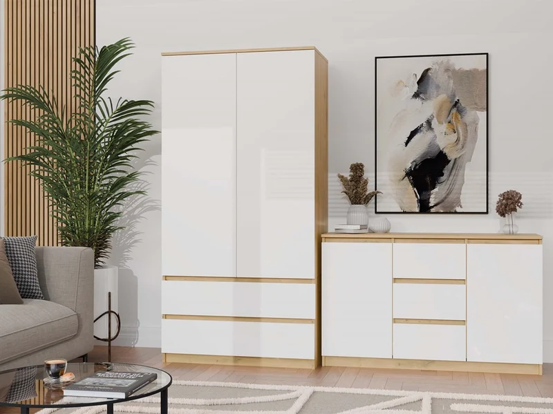 Moderne Kommode 2D3S (2 Türen, 3 Schubladen) | Farbe: Eiche Artisan/Weiß | Aktenschrank, für kleine Gegenstände |Einlegeböden