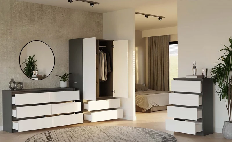 Moderner Schrank Malwa SS-90 | Farbe: Anthrazit/Weiß | Ideal für Schlafzimmer, Flur, Kinderzimmer oder Büro | 4 praktische Einlegebögen