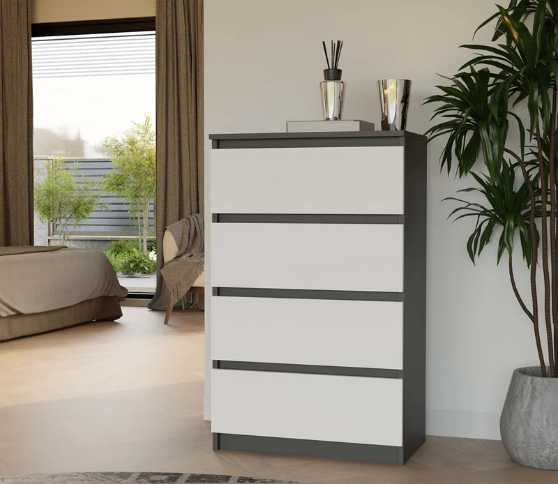 Kommode Malwa M4 | Farbe: Anthrazit/Weiss | Ideal für Wohnzimmer, Schlafzimmer, Kinderzimmer, Jugendzimmer und Büro | 4 geräumige Schubladen