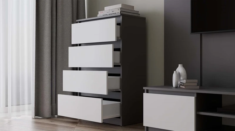 Kommode Malwa M4 | Farbe: Anthrazit/Weiss | Ideal für Wohnzimmer, Schlafzimmer, Kinderzimmer, Jugendzimmer und Büro | 4 geräumige Schubladen
