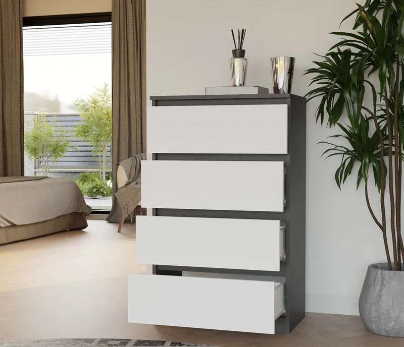 Kommode Malwa M4 | Farbe: Anthrazit/Weiss | Ideal für Wohnzimmer, Schlafzimmer, Kinderzimmer, Jugendzimmer und Büro | 4 geräumige Schubladen