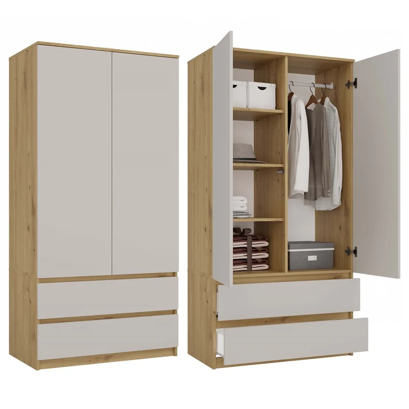 Moderner Schrank Malwa SS-90 | Farbe: Eiche Artisan/Kaschmir | Kleiderständer, Garderobenständer | 4 praktische Einlegebögen | 2 Schubladen