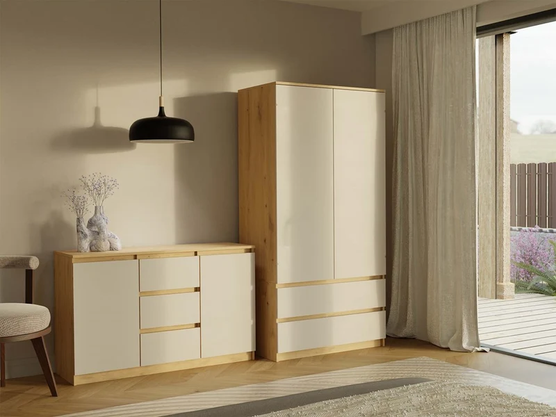Moderner Schrank Malwa SS-90 | Farbe: Eiche Artisan/Kaschmir | Kleiderständer, Garderobenständer | 4 praktische Einlegebögen | 2 Schubladen