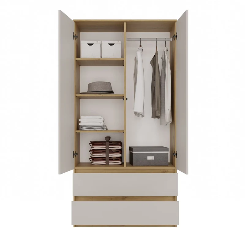 Moderner Schrank Malwa SS-90 | Farbe: Eiche Artisan/Kaschmir | Kleiderständer, Garderobenständer | 4 praktische Einlegebögen | 2 Schubladen