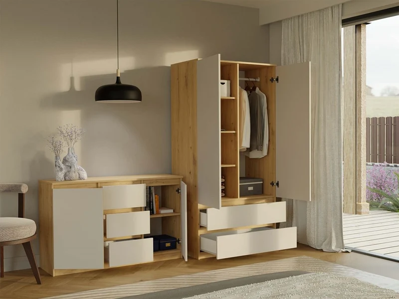 Moderner Schrank Malwa SS-90 | Farbe: Eiche Artisan/Kaschmir | Kleiderständer, Garderobenständer | 4 praktische Einlegebögen | 2 Schubladen