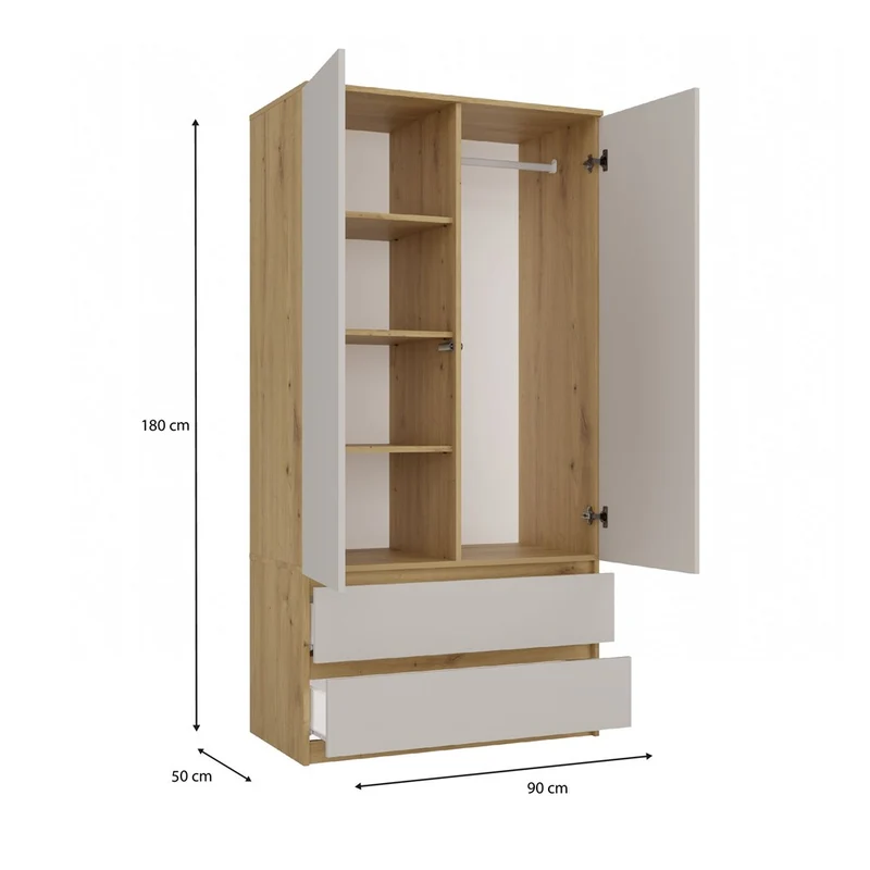 Moderner Schrank Malwa SS-90 | Farbe: Eiche Artisan/Kaschmir | Kleiderständer, Garderobenständer | 4 praktische Einlegebögen | 2 Schubladen