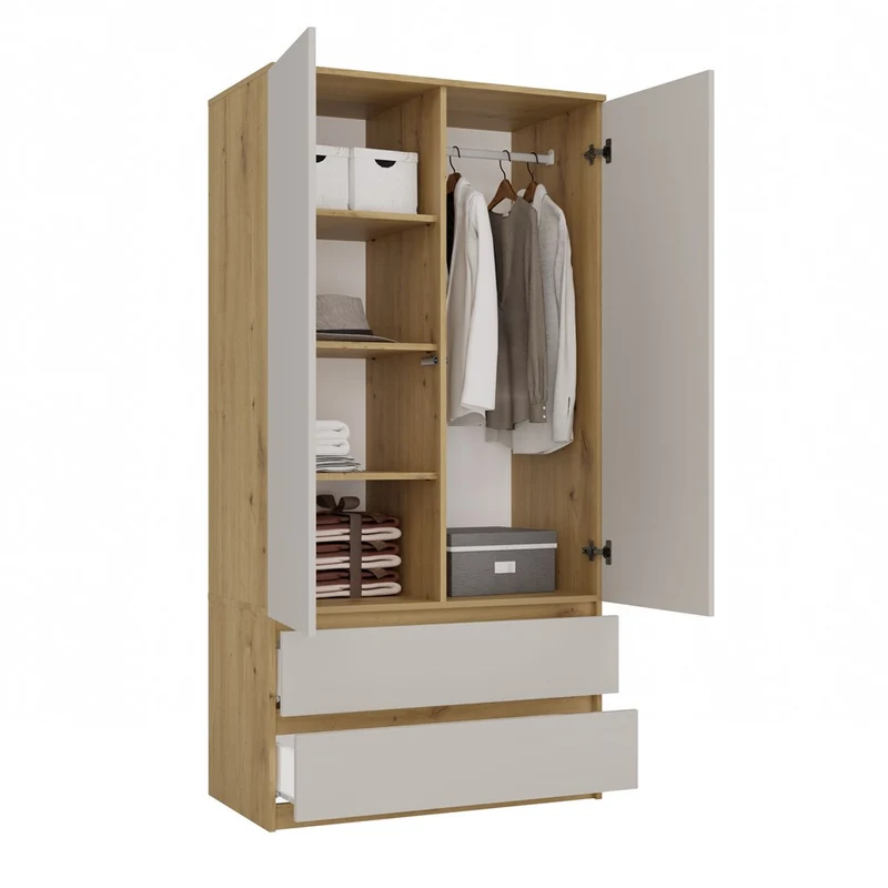 Moderner Schrank Malwa SS-90 | Farbe: Eiche Artisan/Kaschmir | Kleiderständer, Garderobenständer | 4 praktische Einlegebögen | 2 Schubladen