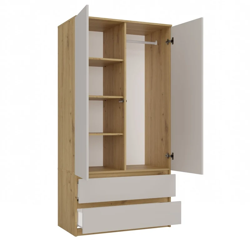 Moderner Schrank Malwa SS-90 | Farbe: Eiche Artisan/Kaschmir | Kleiderständer, Garderobenständer | 4 praktische Einlegebögen | 2 Schubladen