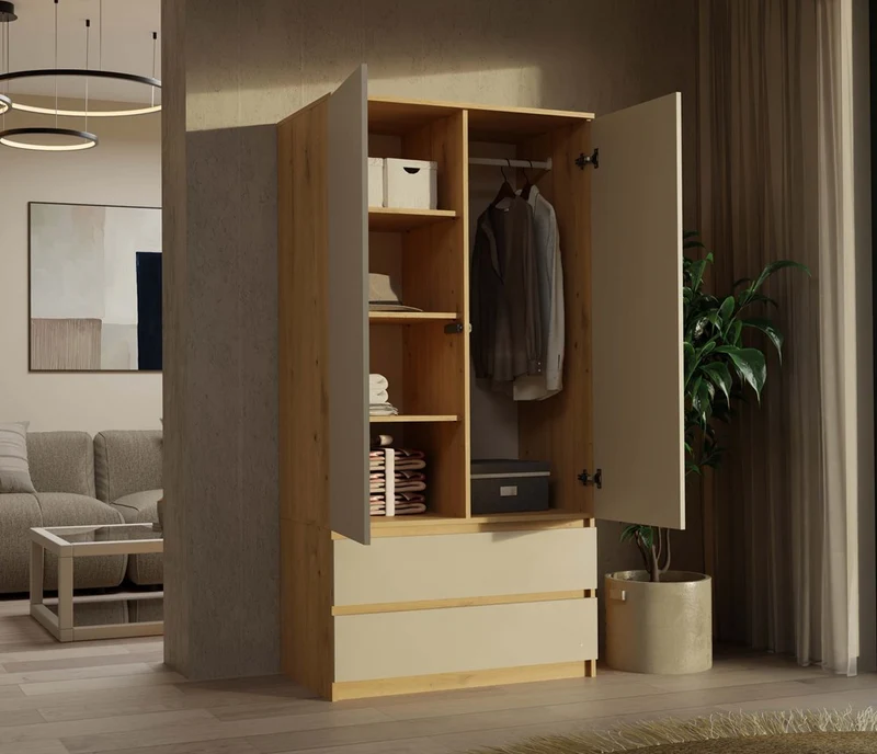 Moderner Schrank Malwa SS-90 | Farbe: Eiche Artisan/Kaschmir | Kleiderständer, Garderobenständer | 4 praktische Einlegebögen | 2 Schubladen