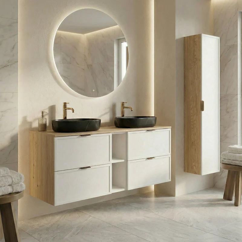 Waschtischunterschrank 140 cm mit Regal Roma - Weiß/Eiche Cremona