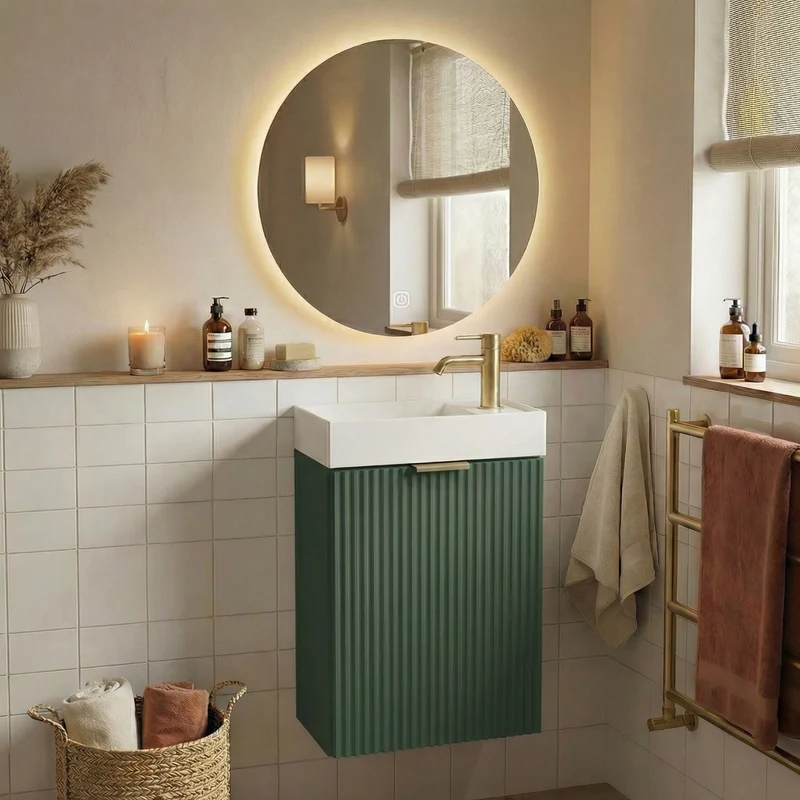 Badmöbel-Set: 40 cm Schrank mit Waschbecken und LED-Spiegel HZJ 050 Willy - Salbei