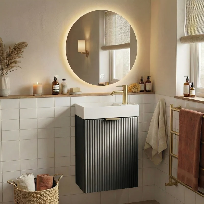 Badmöbel-Set: 40 cm Schrank mit Waschbecken und LED-Spiegel HZJ 050 Willy - Schwarz