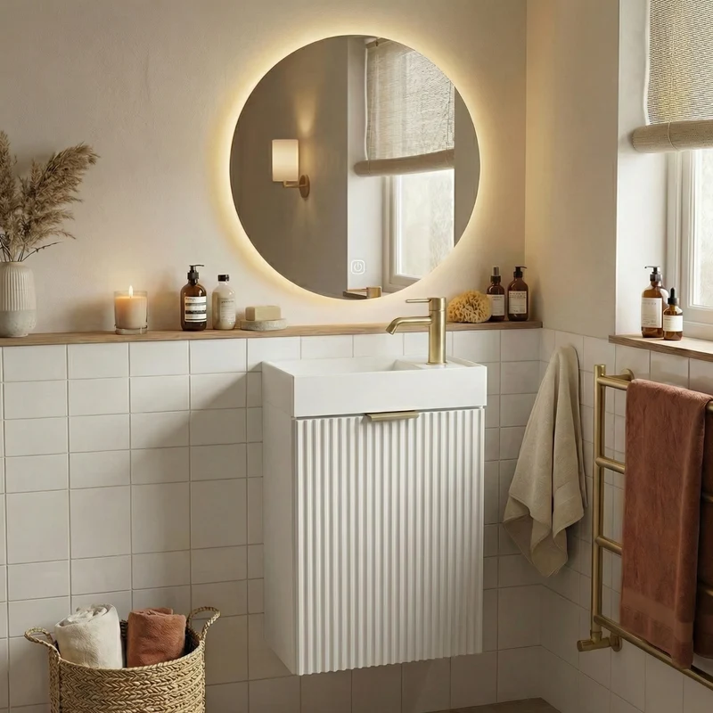 Badmöbel-Set: 40 cm Schrank mit Waschbecken und LED-Spiegel HZJ 050 Willy - Weiß
