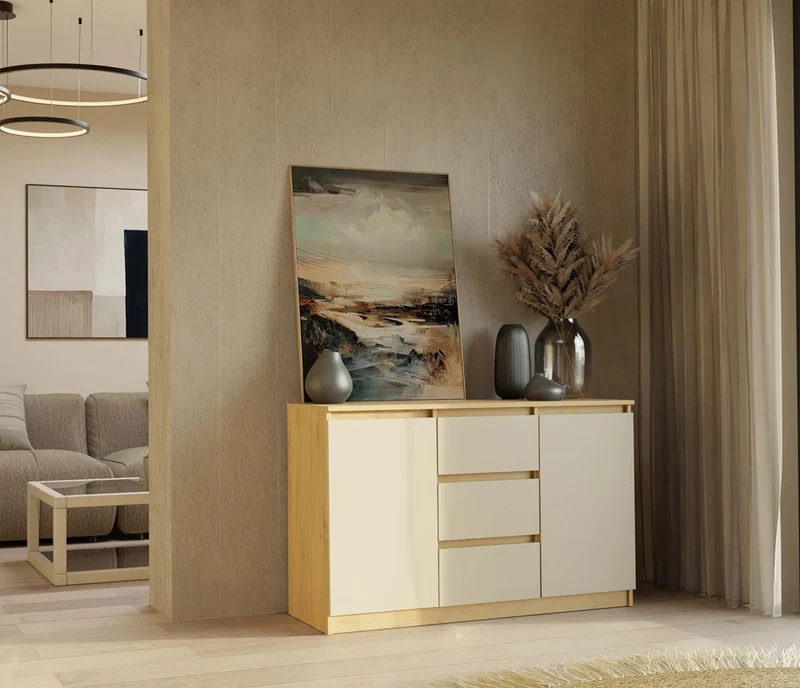 KOMMODE 2D3S 120 CM EICHE ARTISAN KASCHMIR BEIGE SCHRANK 2 TÜREN 3 SCHUBLADEN WOHNZIMMER