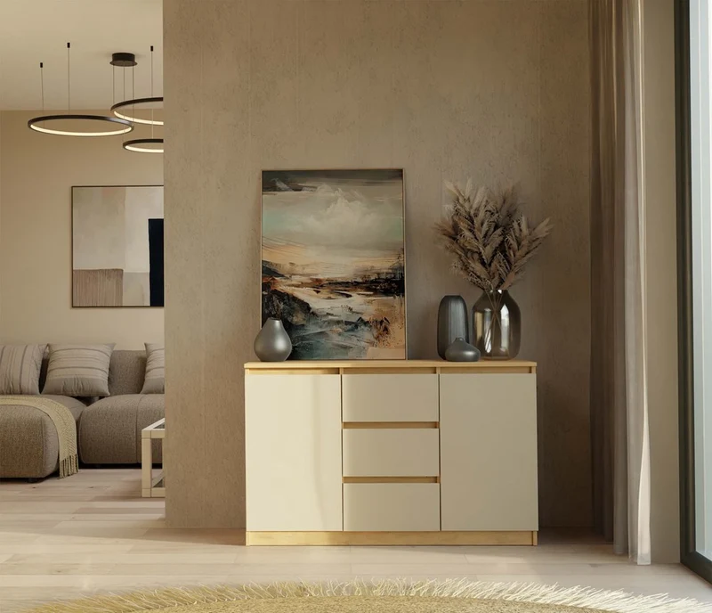 KOMMODE 2D3S 120 CM EICHE ARTISAN KASCHMIR BEIGE SCHRANK 2 TÜREN 3 SCHUBLADEN WOHNZIMMER