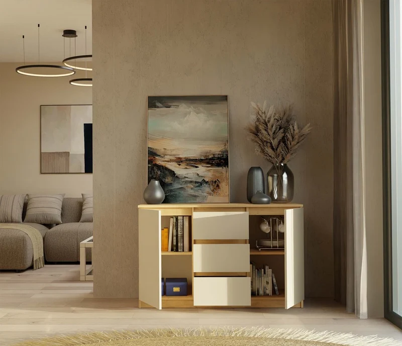 KOMMODE 2D3S 120 CM EICHE ARTISAN KASCHMIR BEIGE SCHRANK 2 TÜREN 3 SCHUBLADEN WOHNZIMMER