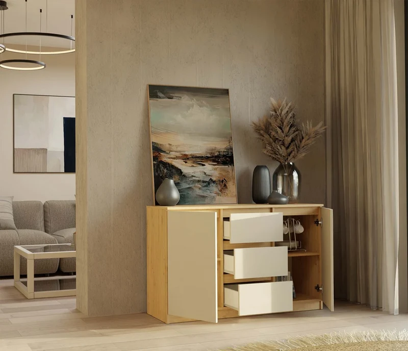 KOMMODE 2D3S 120 CM EICHE ARTISAN KASCHMIR BEIGE SCHRANK 2 TÜREN 3 SCHUBLADEN WOHNZIMMER