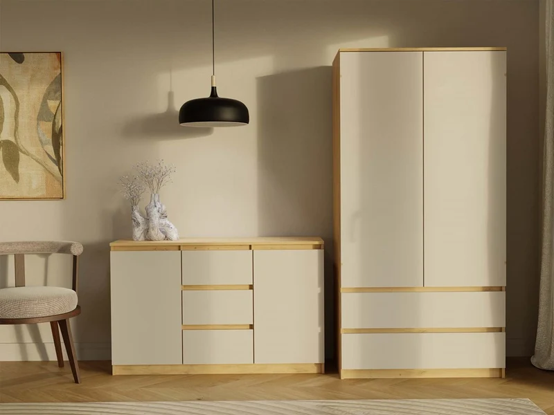 KOMMODE 2D3S 120 CM EICHE ARTISAN KASCHMIR BEIGE SCHRANK 2 TÜREN 3 SCHUBLADEN WOHNZIMMER
