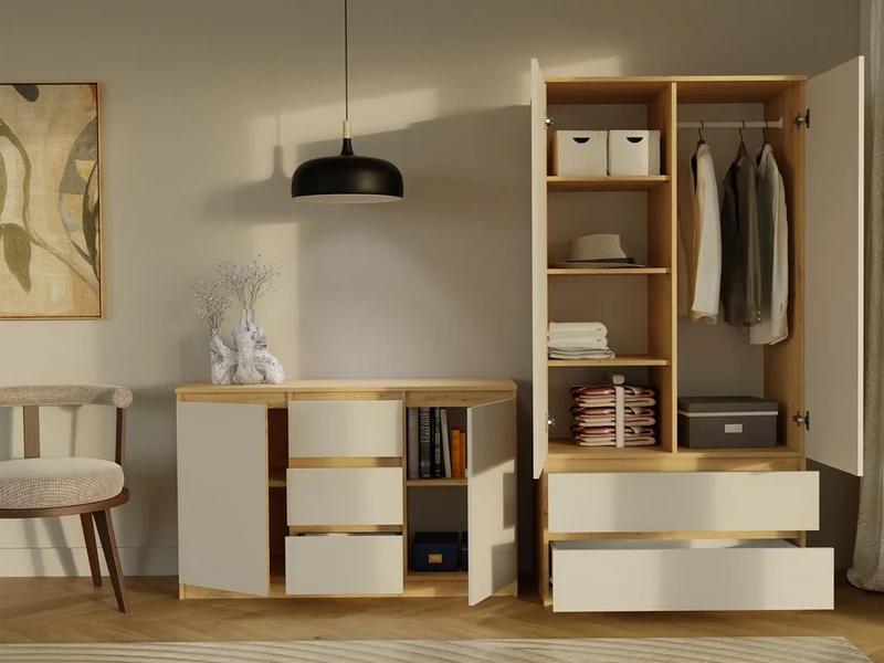 KOMMODE 2D3S 120 CM EICHE ARTISAN KASCHMIR BEIGE SCHRANK 2 TÜREN 3 SCHUBLADEN WOHNZIMMER