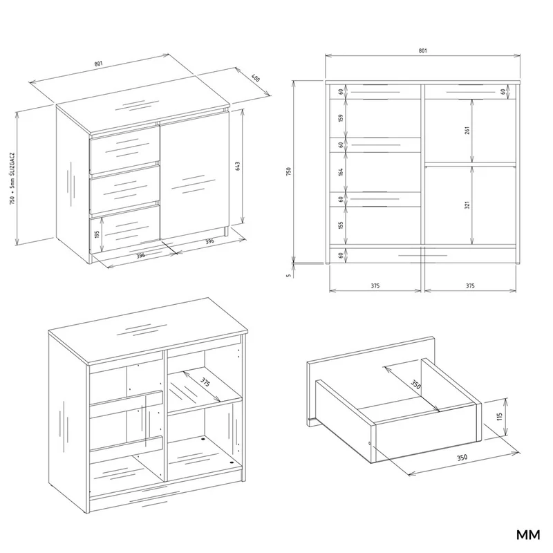 KOMMODE 1D3S SCHRANK 1 TÜR 3 SCHUBLADEN KASCHMIR BEIGE