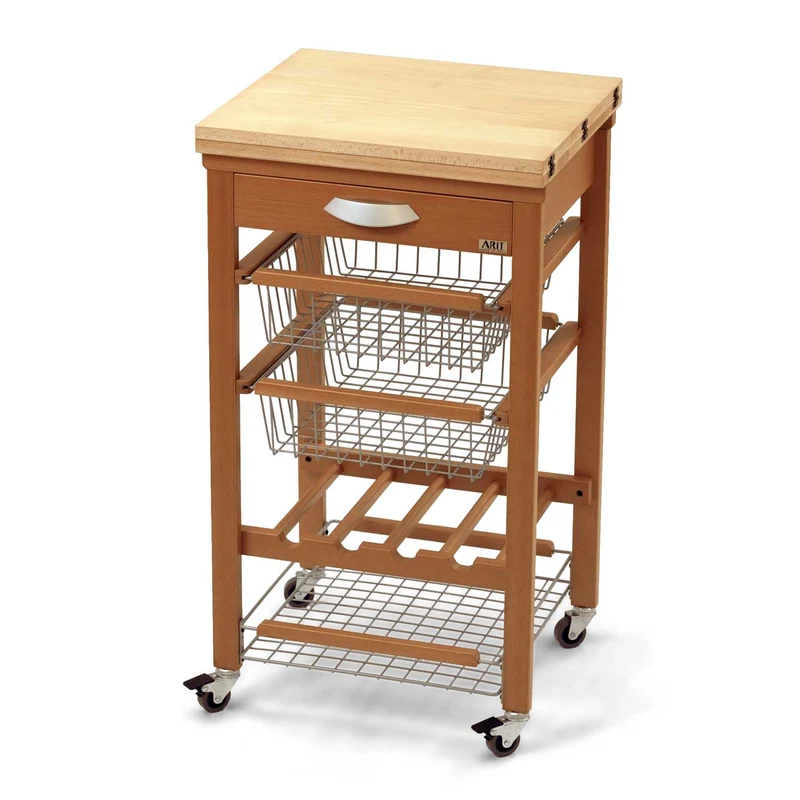 ARIT GASTONE - Küchenwagen, mit arbeitsplatte, Arbeitsfläche (50 bis 100 cm), Küchenrollwagen, Küchenwagen holz, Flaschenregal, Buche massiv