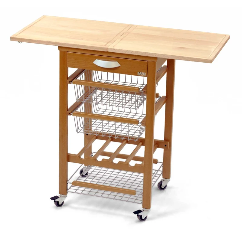 ARIT GASTONE - Küchenwagen, mit arbeitsplatte, Arbeitsfläche (50 bis 100 cm), Küchenrollwagen, Küchenwagen holz, Flaschenregal, Buche massiv