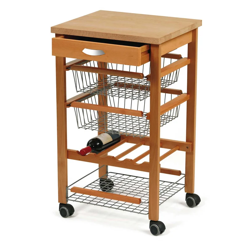 ARIT ARTURO – Küchenwagen aus massiver Buche mit Arbeitsplatte, Schublade, Körben, Flaschenhalter und Rollen, Kirschbaum, Made in Italy