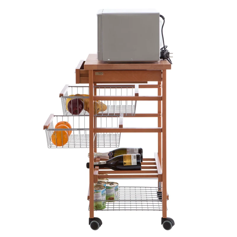 ARIT ARTURO – Küchenwagen aus massiver Buche mit Arbeitsplatte, Schublade, Körben, Flaschenhalter und Rollen, Kirschbaum, Made in Italy