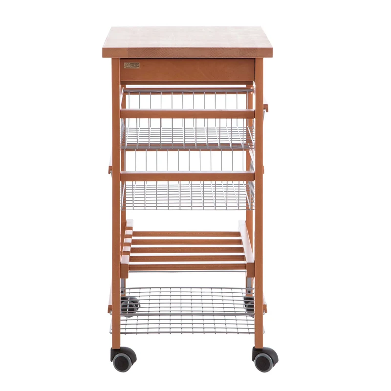 ARIT ARTURO – Küchenwagen aus massiver Buche mit Arbeitsplatte, Schublade, Körben, Flaschenhalter und Rollen, Kirschbaum, Made in Italy