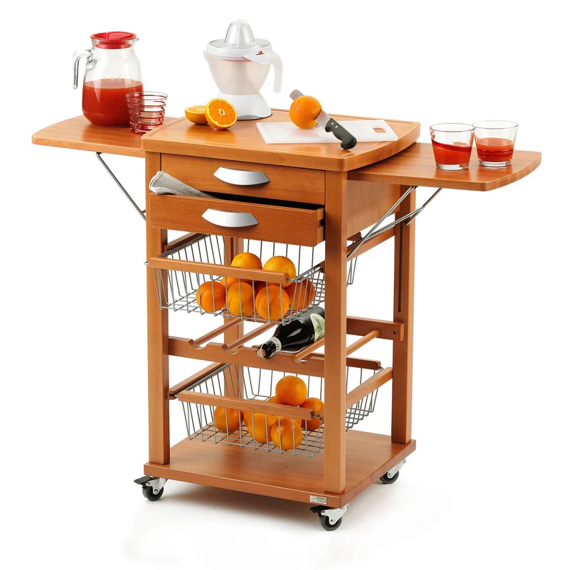 ARIT Santiago – Küchenwagen aus massiver Buche mit Arbeitsplatte, klappbaren Seitenablagen, 3 Schubladen, 2 Körben und Flaschenregal, Made in Italy