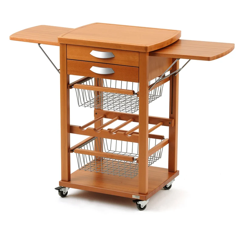 ARIT Santiago – Küchenwagen aus massiver Buche mit Arbeitsplatte, klappbaren Seitenablagen, 3 Schubladen, 2 Körben und Flaschenregal, Made in Italy