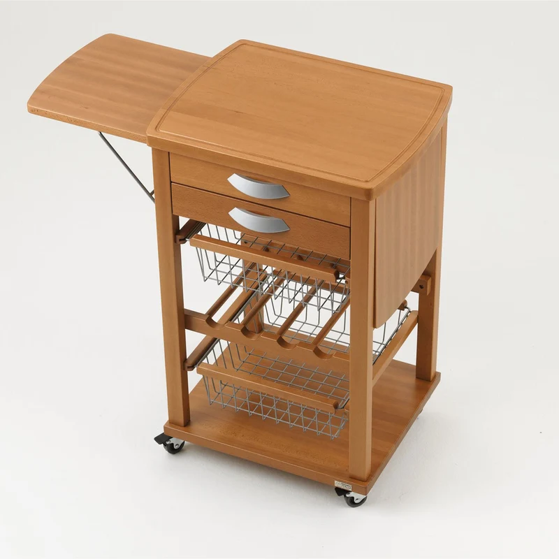 ARIT Santiago – Küchenwagen aus massiver Buche mit Arbeitsplatte, klappbaren Seitenablagen, 3 Schubladen, 2 Körben und Flaschenregal, Made in Italy